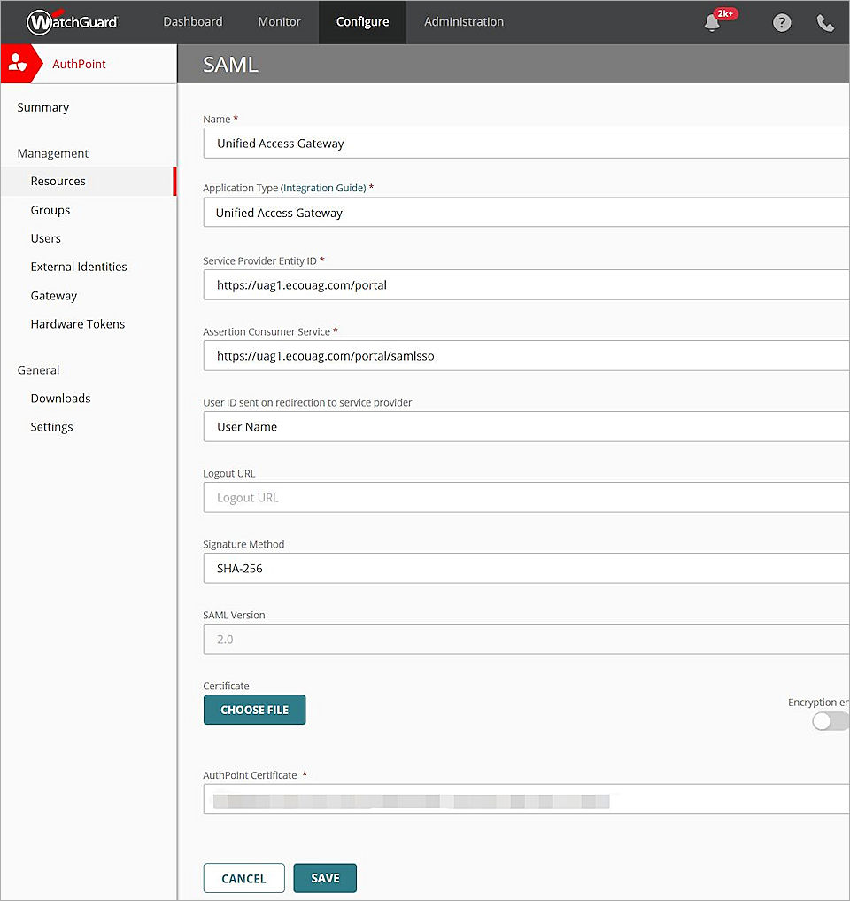Screen shot of the AuthPoint SAML config